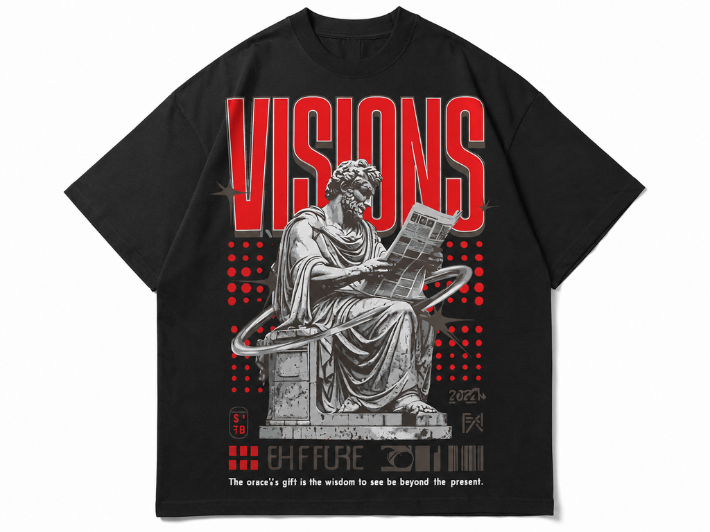 VISIONS “See Beyond the Present” Graphic Oversized T-Shirt – Futuristic Greek Statue Streetwear Tee