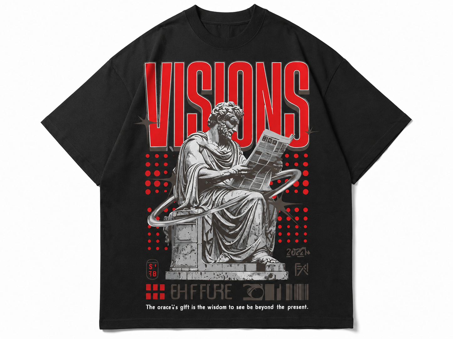VISIONS “See Beyond the Present” Graphic Oversized T-Shirt – Futuristic Greek Statue Streetwear Tee