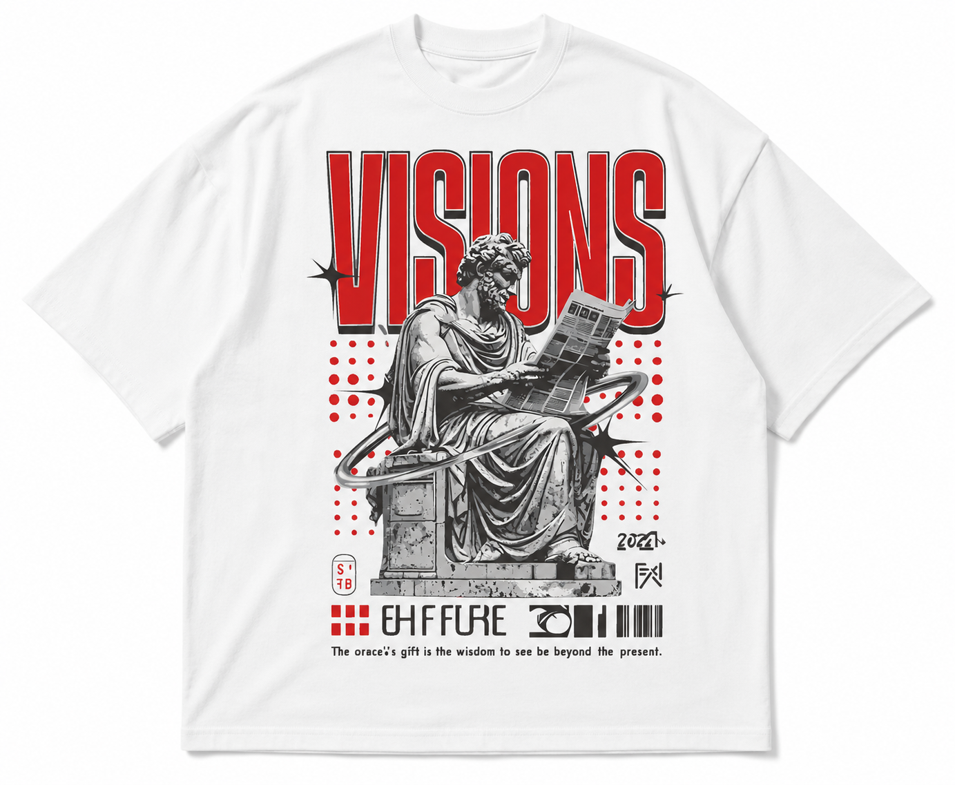 VISIONS “See Beyond the Present” Graphic Oversized T-Shirt – Futuristic Greek Statue Streetwear Tee