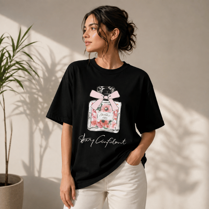 Stay Confident Floral Perfume Graphic T-Shirt