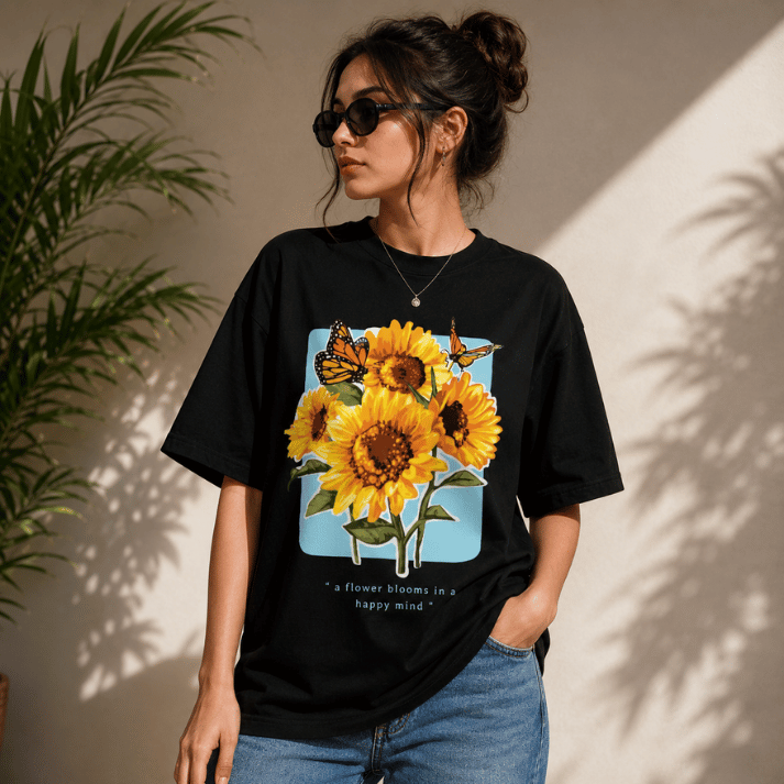 Happy Mind Sunflower Butterfly Graphic T-Shirt