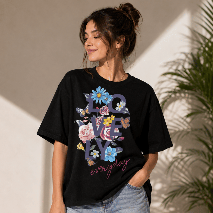 Love Everyday Floral Butterfly Graphic T-Shirt